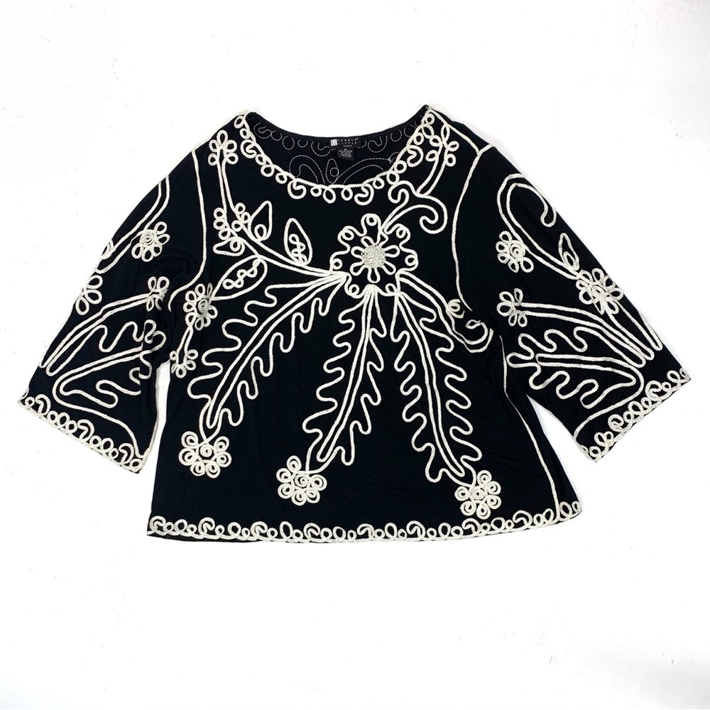 Carol Little Women Plus Size 3X Embroidered Top Art Wear 3/4 Sleeve Boho Black